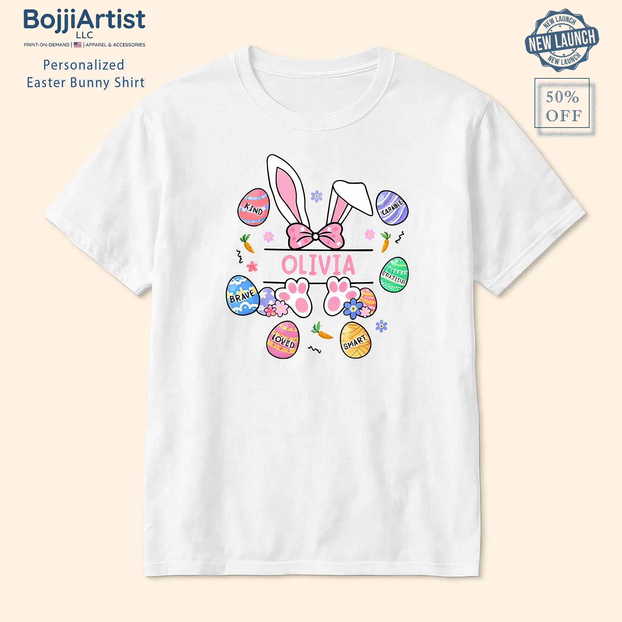 [Flash Deals] BojjiArtist Personalized Easter Bunny T-shirt - Custom Name Kids Affirmation Shirt, Cute Easter Egg Graphic Tee, Baby Bodysuit Onesie, Please Send Name To Order